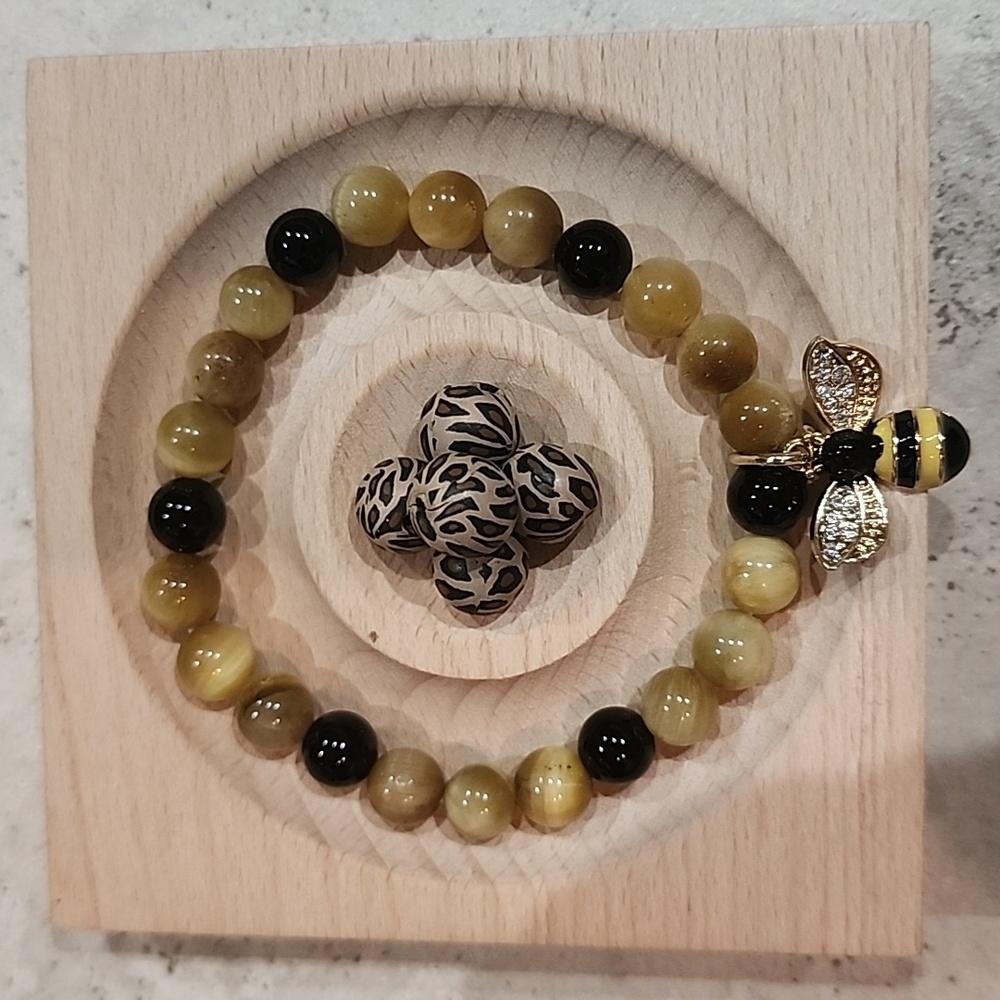 Natural Yellow tiger eye & Onyx Crystal Beads Bracelet 7.5